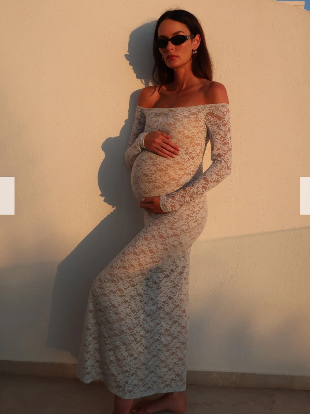 Bumpsuit Off-Shoulder White Lace Maternity Maxi Dress